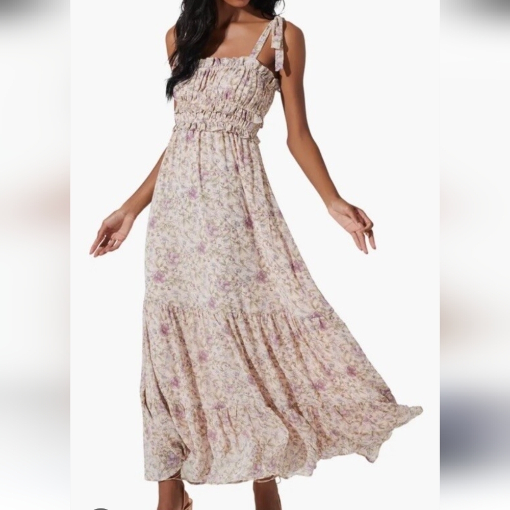 ASTR the Label Shoulder Tie Floral Maxi Dress Size M Multicolor Floral Pink